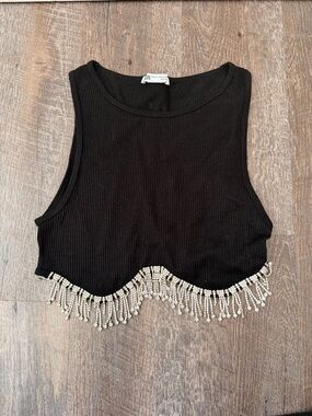Zara Black Ribbed Crop Top with Beaded Fringe
